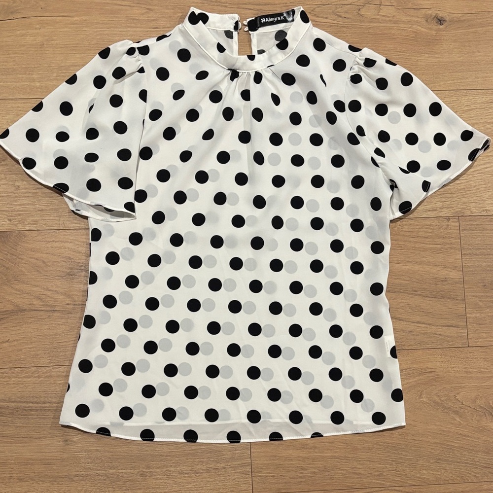 Allegra K White Blouse with Black Polka Dots and Flutter Sleeves